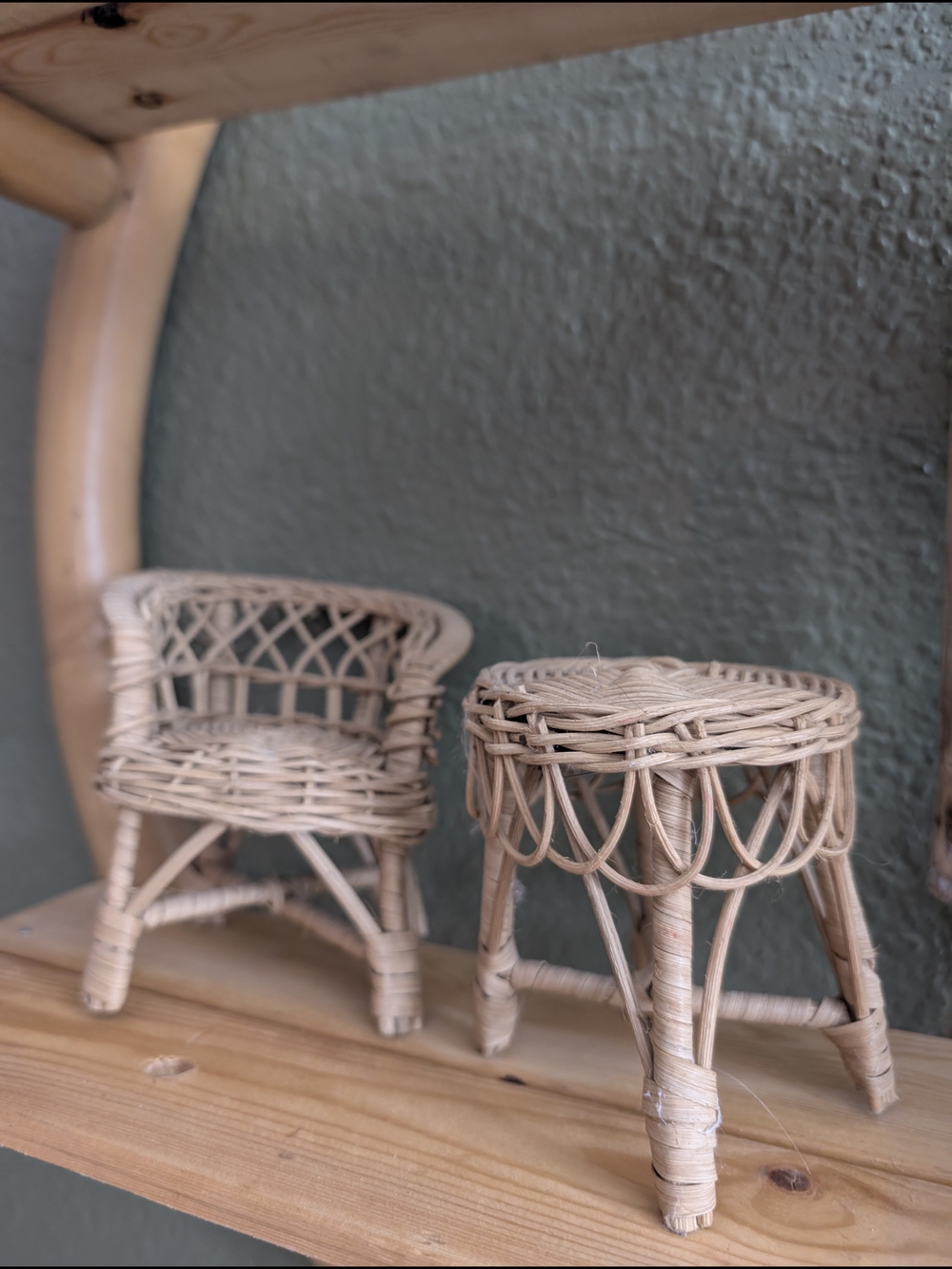 Handwoven Natural Rattan Mini Chair and Stool Set by